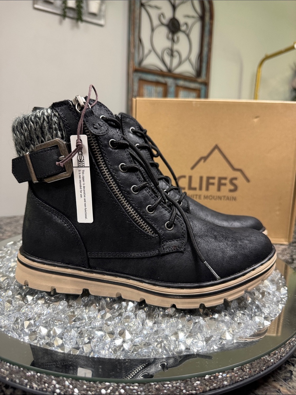 Cliffs by WHITE MOUNTAIN Black Lace-Up Ankle Boots with Knit Cuff NWT 7